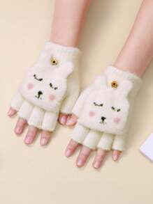 1 Pair Kids Girls Rabbit Flap Gloves, Warm Protective Cute Design, Suitable For Outdoor & Daily Use - White - View 2