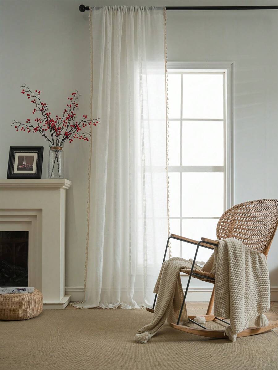 Bubaba 1 tấm rèm trang trí bằng vải lanh màu be thủ công, tua rua thêu tối giản theo phong cách Bohemian, rèm che nắng cho phòng ngủ, khách sạn, lễ kỷ niệm, thích hợp cho phòng ngủ, phòng ăn, nhà bếp, phòng khách, phòng trẻ em, mọi mùa - Màu be - Xem 1