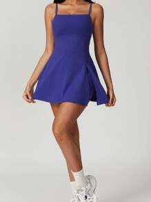Women's Tennis Dress With Shorts, Spaghetti Strap Backless Yoga Golf Dresses, Side Slit A-Line Exercise Workout Dress(It Is Recommended To Buy The Product One Size Larger) - 藍色 - 查看 3