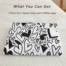 3 件套北欧风格黑色心形印花羽绒被套（1 * 羽绒被套 + 2 * 枕套，不含芯），浪漫太空主题，奢华柔软，透气舒适，非常适合卧室和客房，舒适、防过敏、易于护理，适合所有季节 - 黑與白 - 查看 3