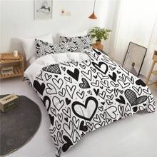 3 件套北欧风格黑色心形印花羽绒被套（1 * 羽绒被套 + 2 * 枕套，不含芯），浪漫太空主题，奢华柔软，透气舒适，非常适合卧室和客房，舒适、防过敏、易于护理，适合所有季节 - 黑與白 - 查看 6