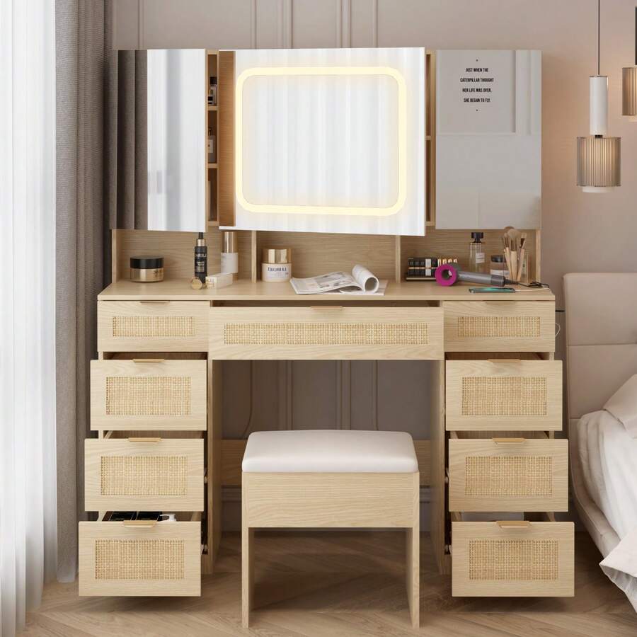 Large Vanity Table Set With 3 Opening Mirrors And LED Lights, Vanity