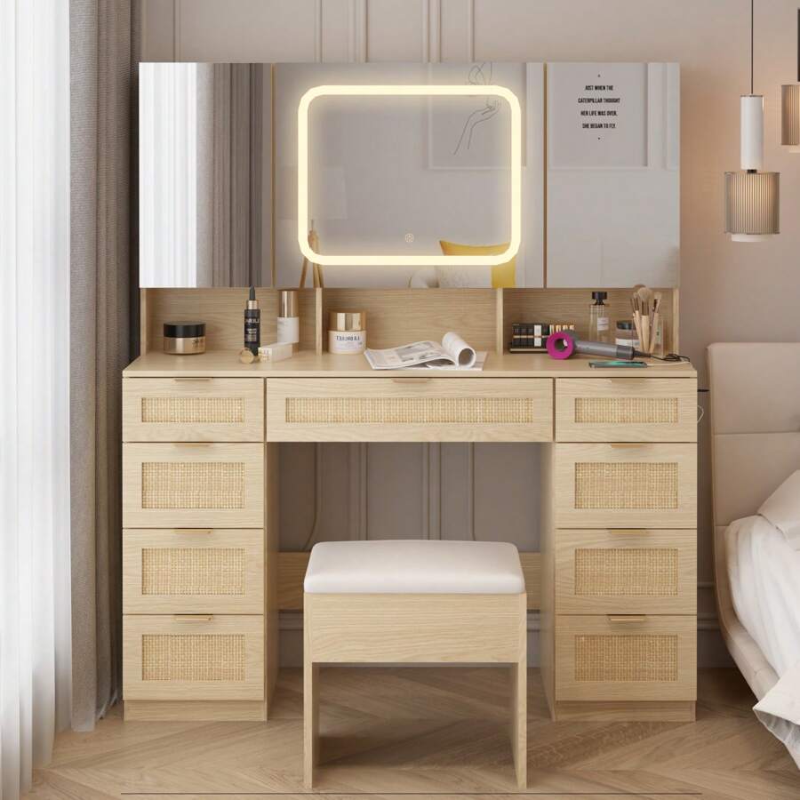 Large Vanity Table Set With 3 Opening Mirrors And LED Lights, Vanity