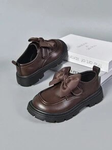 1 双女童经典简约大蝴蝶结厚底乐福鞋，舒适一脚蹬牛津鞋，修身效果，英伦风格 - 棕色 - 查看 5