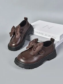 1 双女童经典简约大蝴蝶结厚底乐福鞋，舒适一脚蹬牛津鞋，修身效果，英伦风格 - 棕色 - 查看 4