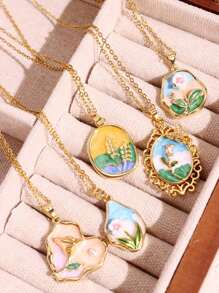 1pc Vintage-Inspired Women Jewelry Asymmetrical Pendant Necklace With Pearl, Rose Flower, Wheat Spikes & Colorful Floral Painting Design Valentines,Mom,Mother,Mother's Day,Gift - Multicolor - View 3