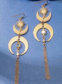 1 对波西米亚风格新月锆石长流苏耳环复古时尚女士宴会情人节礼物配饰、妈妈、母亲、母亲节、礼物