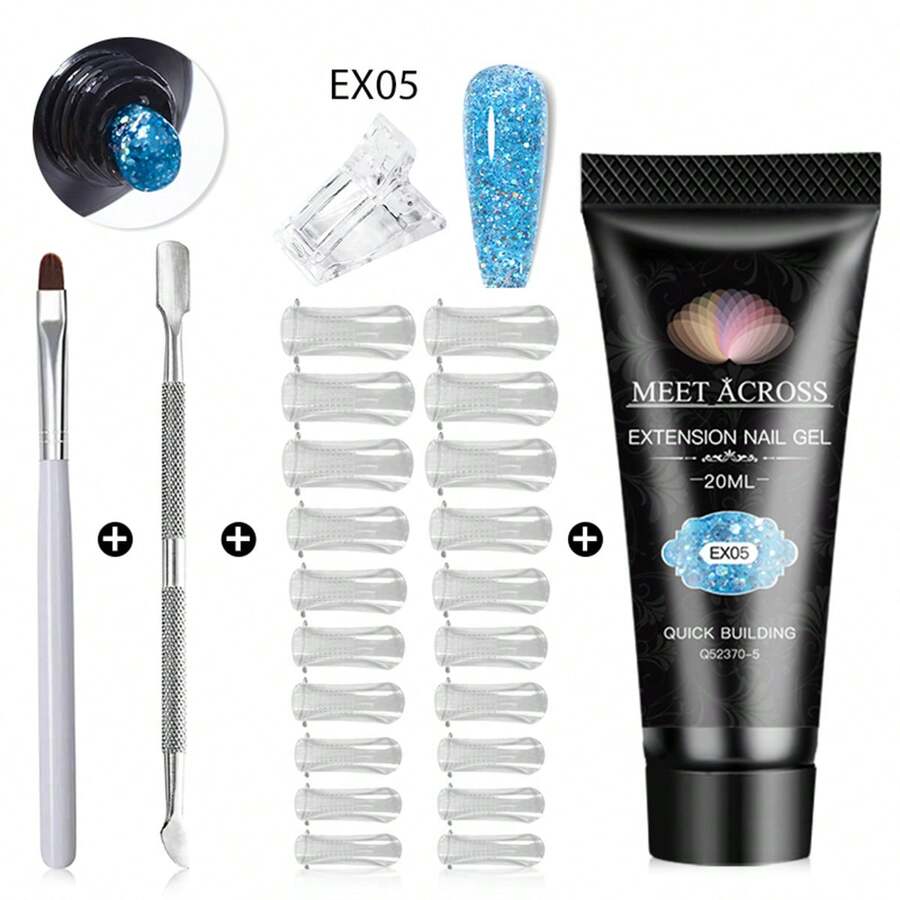 Mtssii Bộ 5 chiếc/bộ 20ml gel nối móng tay bằng poly màu xanh lấp lánh có gel tạo móng UV, dạng kép, cọ và thìa – Làm móng nhanh hơn để móng chắc khỏe hơn - Nhiều màu - Xem 1