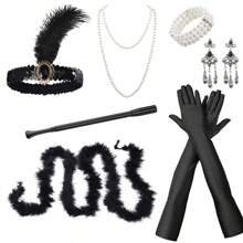 5/7 件 1920 年代风格头饰套装:羽毛头带、手套、仿珍珠项链、手扇、吊坠耳环 - 轻佻女郎派对服装配饰、复古万圣节服装情人节情人节舞会 - 黑色 - 查看 7