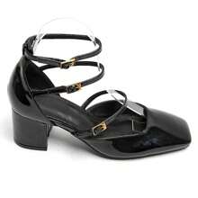 Giày cao gót da bóng màu đen thời trang dành cho nữ, thiết kế nhiều quai, gót dày - Hiện đại, sang trọng và thoải mái - Đen-1 - Xem 4