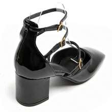 Giày cao gót da bóng màu đen thời trang dành cho nữ, thiết kế nhiều quai, gót dày - Hiện đại, sang trọng và thoải mái - Đen-1 - Xem 6