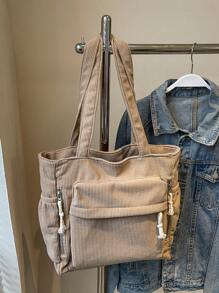 Túi tote đeo vai cỡ lớn, chất liệu nhung kẻ, màu trơn, trang trí chữ cái, nhiều ngăn, quà tặng Ngày của Mẹ, có thể gấp gọn, phù hợp cho trường học, công sở, du lịch, sinh viên tốt nghiệp, thanh thiếu niên, học sinh, nhiều ngăn, hoàn hảo cho bãi biển, trường học, công việc và sử dụng hàng ngày. - Màu Khaki - Xem 6