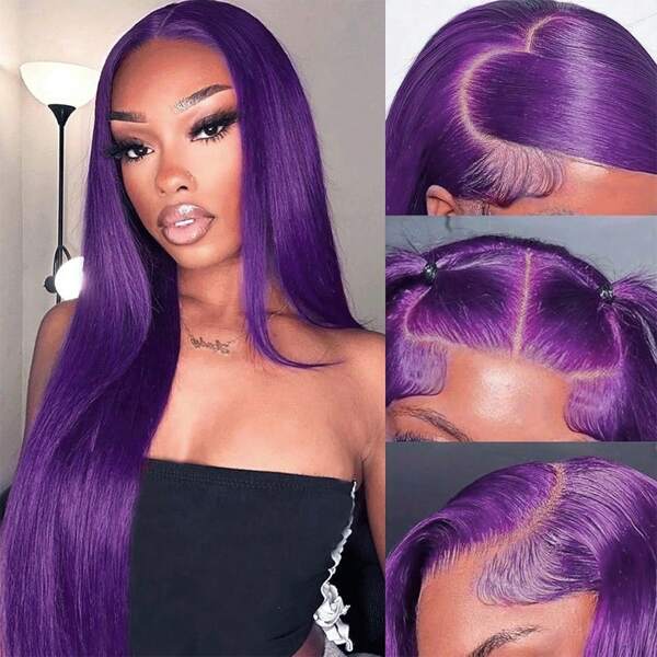 Stunning Purple Hair Synthetic Lace Front Wigs 26 Inch Pre Plucked Long Straight Hair Wigs 13X4 HD Lace Wigs Glueless Dark Purple Colored Wigs Heat Resistant Halloween Wigs Deep Purple Long Silky Straight Lace Front Wigs For Fashion Women For Daily Christmas Party Cosplay Use