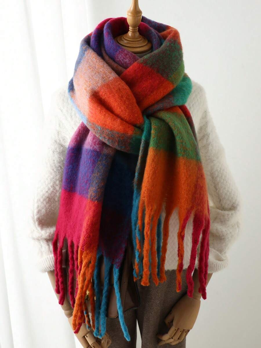 1 Pc Women Winter Scarf Horsehair Colored Striped Plaid Imitate Cashmere Shawls And Wraps Thick Warm Lady's Fashion Tassel Pull Plush Scarves Outdoor Women Shawl - Blue Orange Red - View 1
