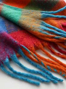 1 Pc Women Winter Scarf Horsehair Colored Striped Plaid Imitate Cashmere Shawls And Wraps Thick Warm Lady's Fashion Tassel Pull Plush Scarves Outdoor Women Shawl - Blue Orange Red - View 3