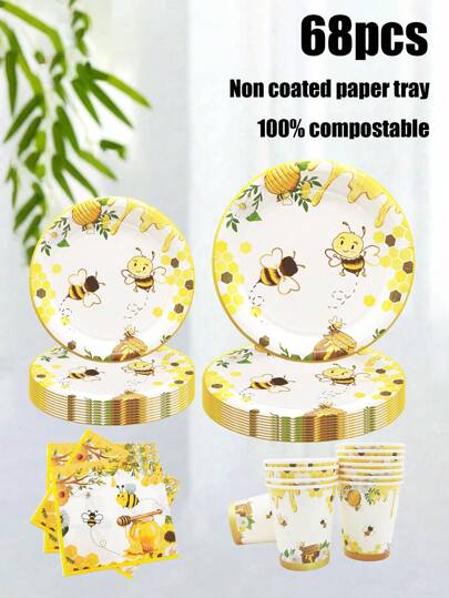 68 Piece Set, Disposable Tableware, Cartoon Bee Themed Disposable Paper Plates, Cake Plates, Party Plates, Birthday Plates, Materials, Suitable For Birthday Parties, Promotions, Parties, Picnics, Camping, Barbecues