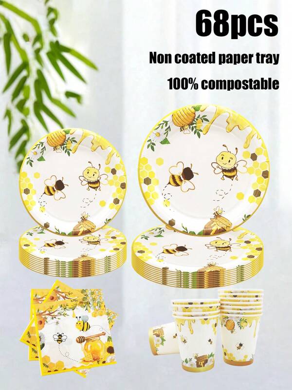 68 Piece Set, Disposable Tableware, Cartoon Bee Themed Disposable Paper Plates, Cake Plates, Party Plates, Birthday Plates, Materials, Suitable For Birthday Parties, Promotions, Parties, Picnics, Camping, Barbecues