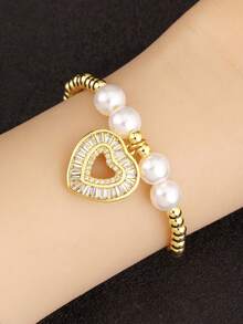 1 件情人节白珍珠 18k 镀金铜串珠手链，女士奢华珠宝，约会礼物 - 金色 - 查看 1