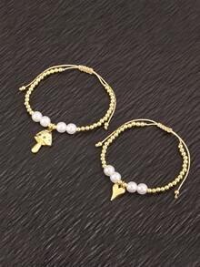 1 件情人节白珍珠 18k 镀金铜串珠手链，女士奢华珠宝，约会礼物 - 金色 - 查看 4