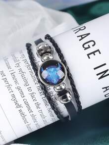 1 件时尚情侣手链，12 星座多层编织夜光朋克皮革星空手链 - 黑色 - 查看 2