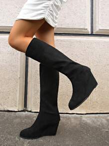 Kozaki za kolano damskie, 2024 jesień/zima nowość, wysoka cholewka, mały wzrost, obcas klinowy, wysoki obcas, uniwersalne długie buty