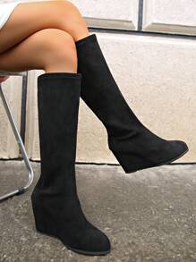 Kozaki za kolano damskie, 2024 jesień/zima nowość, wysoka cholewka, mały wzrost, obcas klinowy, wysoki obcas, uniwersalne długie buty