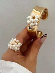 2 件/套女士夸张仿珍珠戒指和手链首饰套装，适合姐妹、度假、约会、礼物、休闲搭配 - 金黃色 - 查看 6