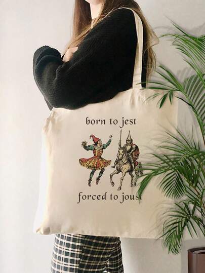VOESETO 1 Pc Born To Jest Forced To Joust Pattern Tote Bag Shoulder Bag For Travel Daily Commute Women's Reusable Shopping Bag, Best Gift For Her, Folding Shoulder Bag Summer Beach Holiday Bag Renaissance Gamer Gaming Fantasy Canvas Tote Bag Beach Weekend Bag Bag For School College, Tote Bags For University