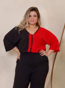 Maison Raglan Sleeve Blouse And Plus Size Trousers Summer Set - Rojo - Ver 3