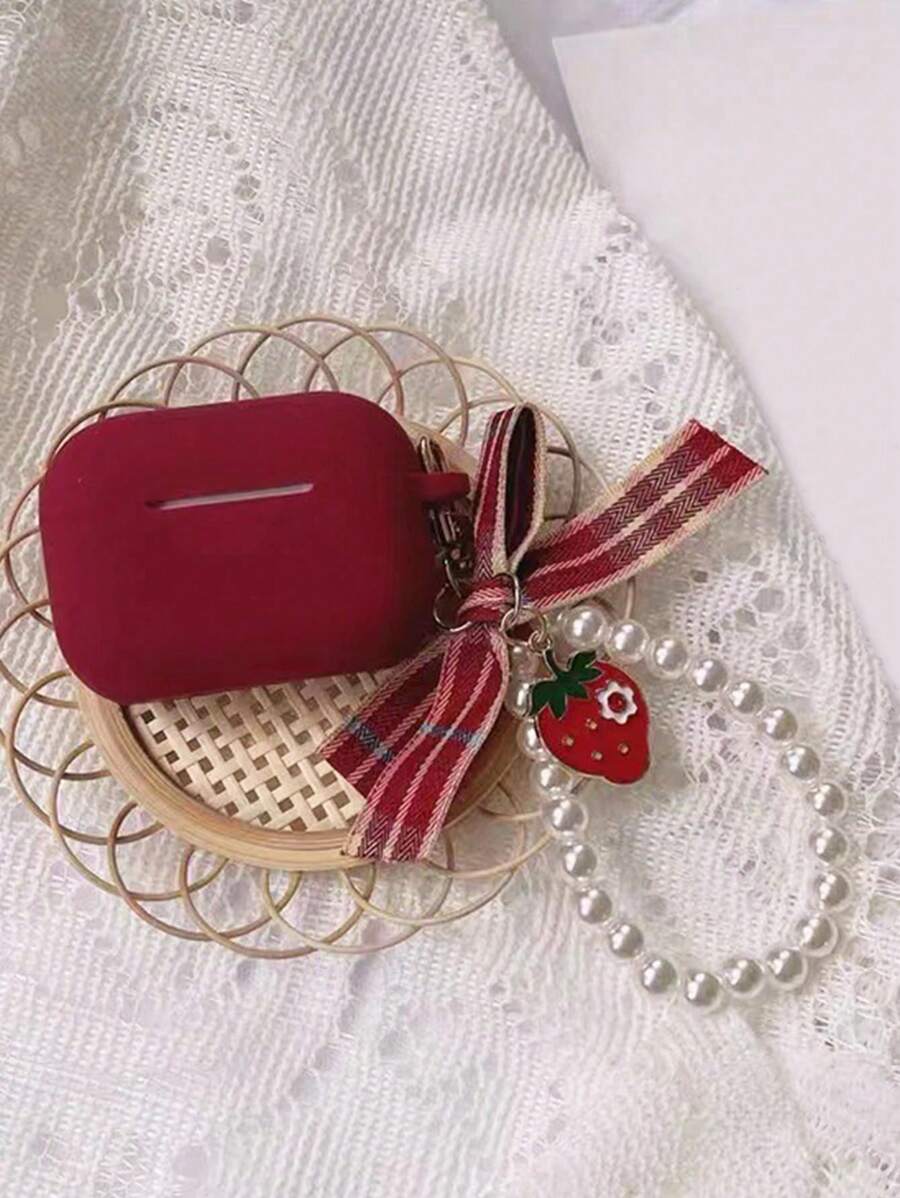 1 pieza Estuche protector de silicona rojo antideslizante para audífonos Bluetooth con colgante de lazo, compatible con auriculares Apple - Rojo - Ver 1