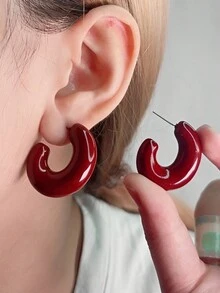 1 对复古亚克力 C 形女式环形耳环，优雅简约 - 酒紅色 - 查看 8