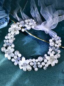 1 件手工珍珠花新娘腰带，优雅适合婚纱和礼服 - 銀色 - 查看 4