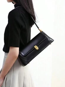 1 chiếc túi da PU French Baguette cổ điển thời trang, túi đeo vai nữ, túi xách retro màu nâu cà phê, túi đeo nách Y2K Chic - màu đen - Xem 3