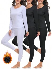 Conjunto de 3 piezas de ropa interior térmica para mujer, calzoncillos largos con forro polar, suave, para clima frío, cálido, pijama de invierno, parte superior e inferior - negro-negro-blanco - Ver 2