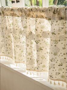 LOSPRING Gardenia Floral Print Linen-Like Sheer Curtain With Tassel Decor, Half Curtain - M-04 Gardenia - View 3