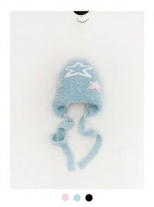 1 件 Y2K 3D 星形针织动物角针织帽，新款可爱蓬松星形图案保暖针织帽，小众设计耳罩，秋冬针织帽女士，厚实保暖手工拉法帽 - 彩色 - 查看 18