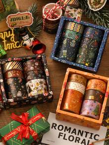 6 卷/盒，复古圣诞和纸胶带套装 - 独特的烫金圣诞图案贴纸卷，用于剪贴簿装饰学生文具装饰胶带礼品包装装饰必需品 - 纸质材料，易于使用 - 彩色 - 查看 12