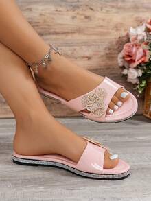 Dép đế bằng hở mũi thanh lịch thời trang giản dị chống trượt đi bộ ngoài trời, tiệc tùng, tụ tập trang trí hoa cho nữ - Hồng - Xem 6