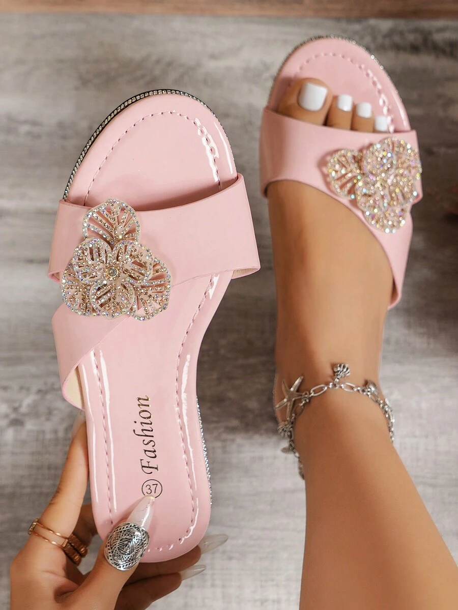 Dép đế bằng hở mũi thanh lịch thời trang giản dị chống trượt đi bộ ngoài trời, tiệc tùng, tụ tập trang trí hoa cho nữ - Hồng - Xem 1