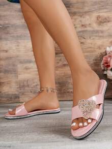 Dép đế bằng hở mũi thanh lịch thời trang giản dị chống trượt đi bộ ngoài trời, tiệc tùng, tụ tập trang trí hoa cho nữ - Hồng - Xem 5