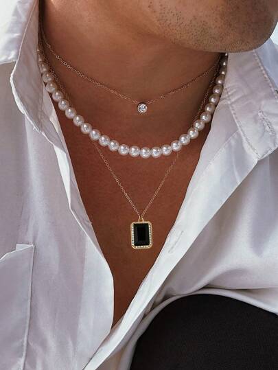 3pcs Set Men's Fashionable 3D Black Diamond Faux Pearl Necklace, Luxury Classic Multi-Layer Stackable Jewelry Design, Suitable For Daily Wearing