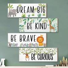 4 Pcs DIY Wooden Nursery Decor Baby Nursery Decor Kids Cute Jungle Animal Green Plant Room Decor Nursery Decorations For Baby Boy Bedroom Toddler Room(Paste It Yourself),Home Decor ,Room Decor,Wall Decor Gifts Birthday Graduation - Multicolor - View 2