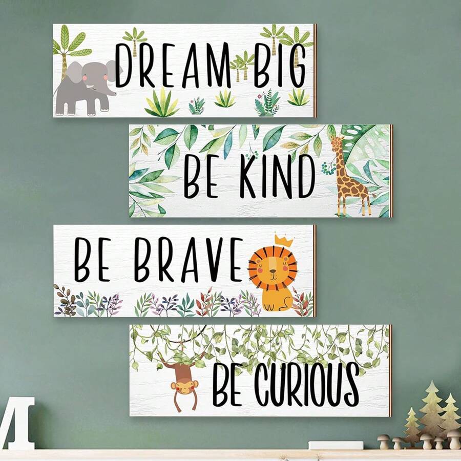 4 Pcs DIY Wooden Nursery Decor Baby Nursery Decor Kids Cute Jungle Animal Green Plant Room Decor Nursery Decorations For Baby Boy Bedroom Toddler Room(Paste It Yourself),Home Decor ,Room Decor,Wall Decor Gifts Birthday Graduation