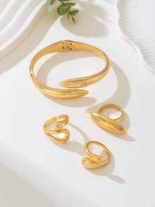 1 bộ vòng tay vàng hình học thời trang cổ điển và bộ nhẫn dày kết hợp, bộ trang sức thời trang và bền bỉ dành cho phụ nữ, thích hợp để đeo hàng ngày, lễ hội, tụ họp xã hội, quà tặng cho các cặp đôi - Vàng - Xem 2