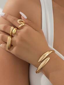 1 bộ vòng tay vàng hình học thời trang cổ điển và bộ nhẫn dày kết hợp, bộ trang sức thời trang và bền bỉ dành cho phụ nữ, thích hợp để đeo hàng ngày, lễ hội, tụ họp xã hội, quà tặng cho các cặp đôi - Vàng - Xem 1