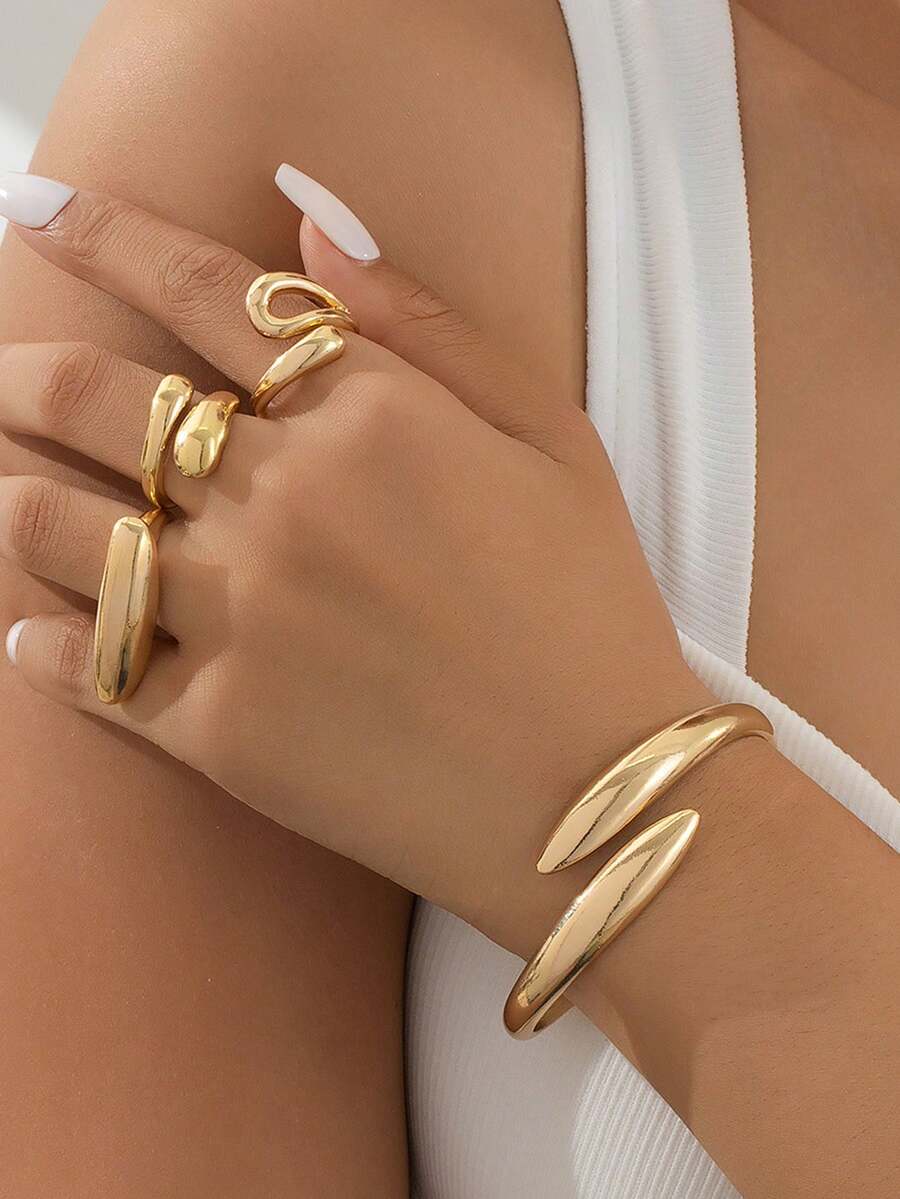 1 bộ vòng tay vàng hình học thời trang cổ điển và bộ nhẫn dày kết hợp, bộ trang sức thời trang và bền bỉ dành cho phụ nữ, thích hợp để đeo hàng ngày, lễ hội, tụ họp xã hội, quà tặng cho các cặp đôi - Vàng - Xem 1