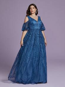 Anpoket V-Neck Off-The-Shoulder Ruffled Lace Floral Dress With Long Flowing Skirt - Blue - View 6
