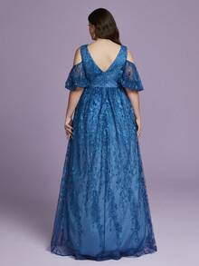 Anpoket V-Neck Off-The-Shoulder Ruffled Lace Floral Dress With Long Flowing Skirt - Blue - View 2
