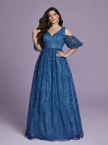 Anpoket V-Neck Off-The-Shoulder Ruffled Lace Floral Dress With Long Flowing Skirt - Blue - View 1
