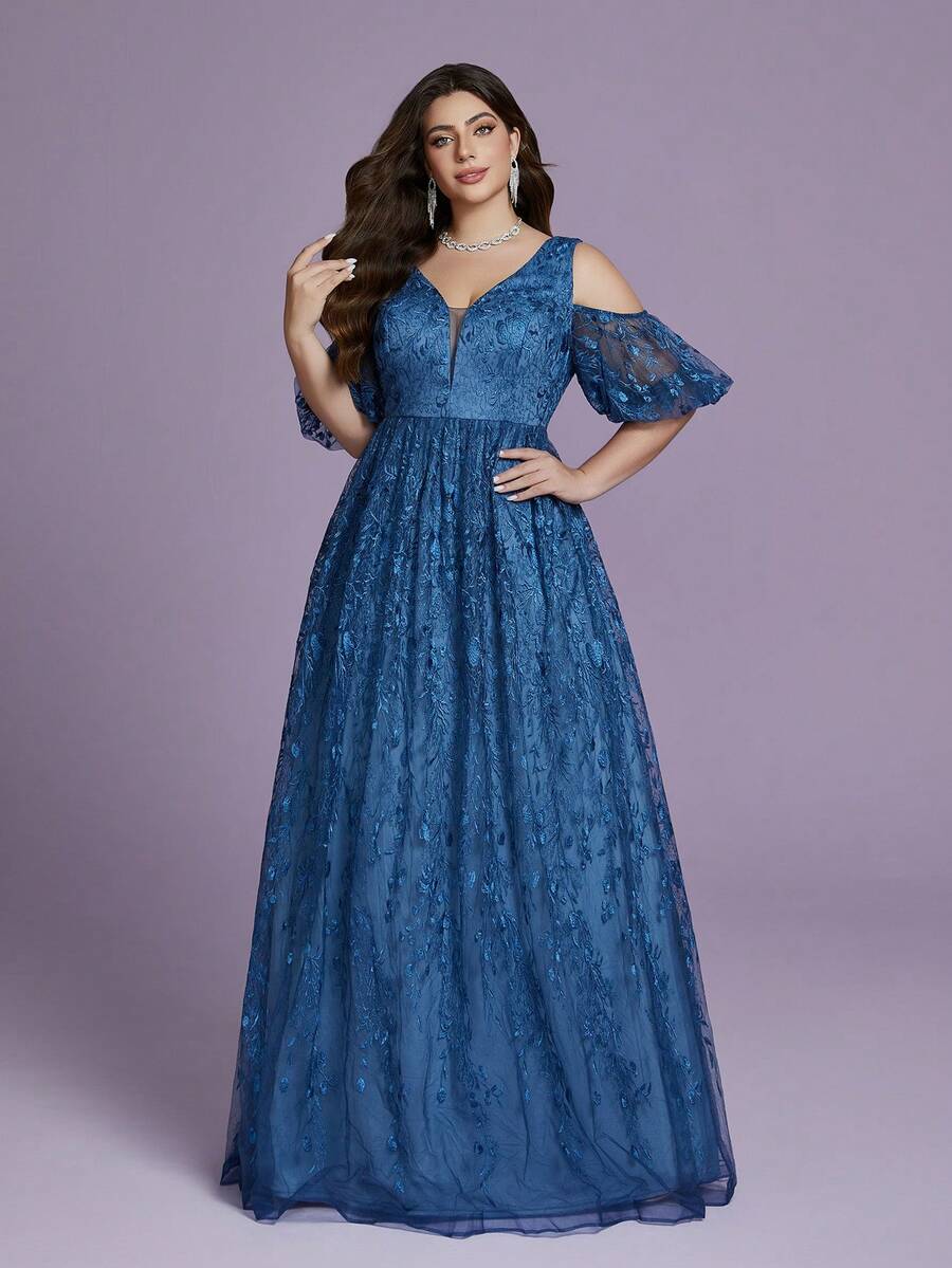 Anpoket V-Neck Off-The-Shoulder Ruffled Lace Floral Dress With Long Flowing Skirt - Blue - View 1